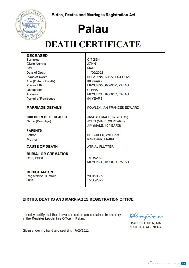 Download Palau vital record death certificate Word and PDF template Photoshop template